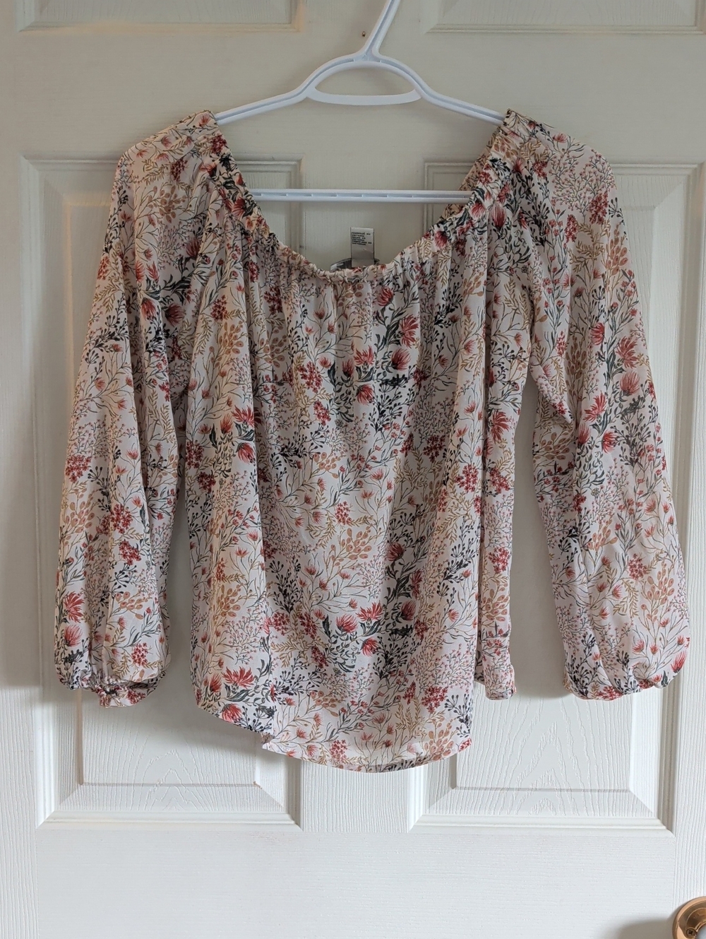 Forever 21 Cream Floral Off-Shoulder Peasant Top with Pink and Green Accents